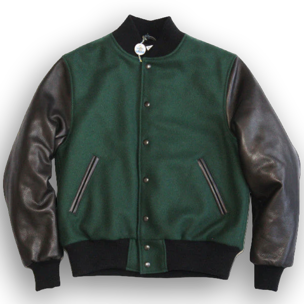 Black Leather Contemporary Fit Varsity Jacket - Golden Bear Sportswear 